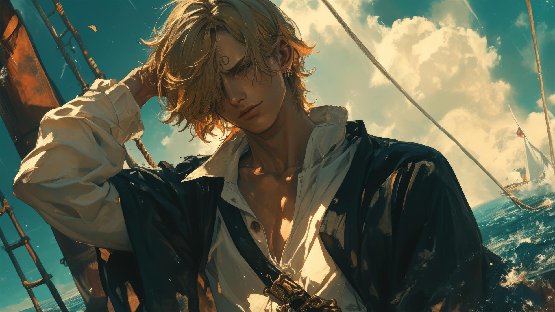 Sanji from One Piece at the ship's bow facing an oncoming storm