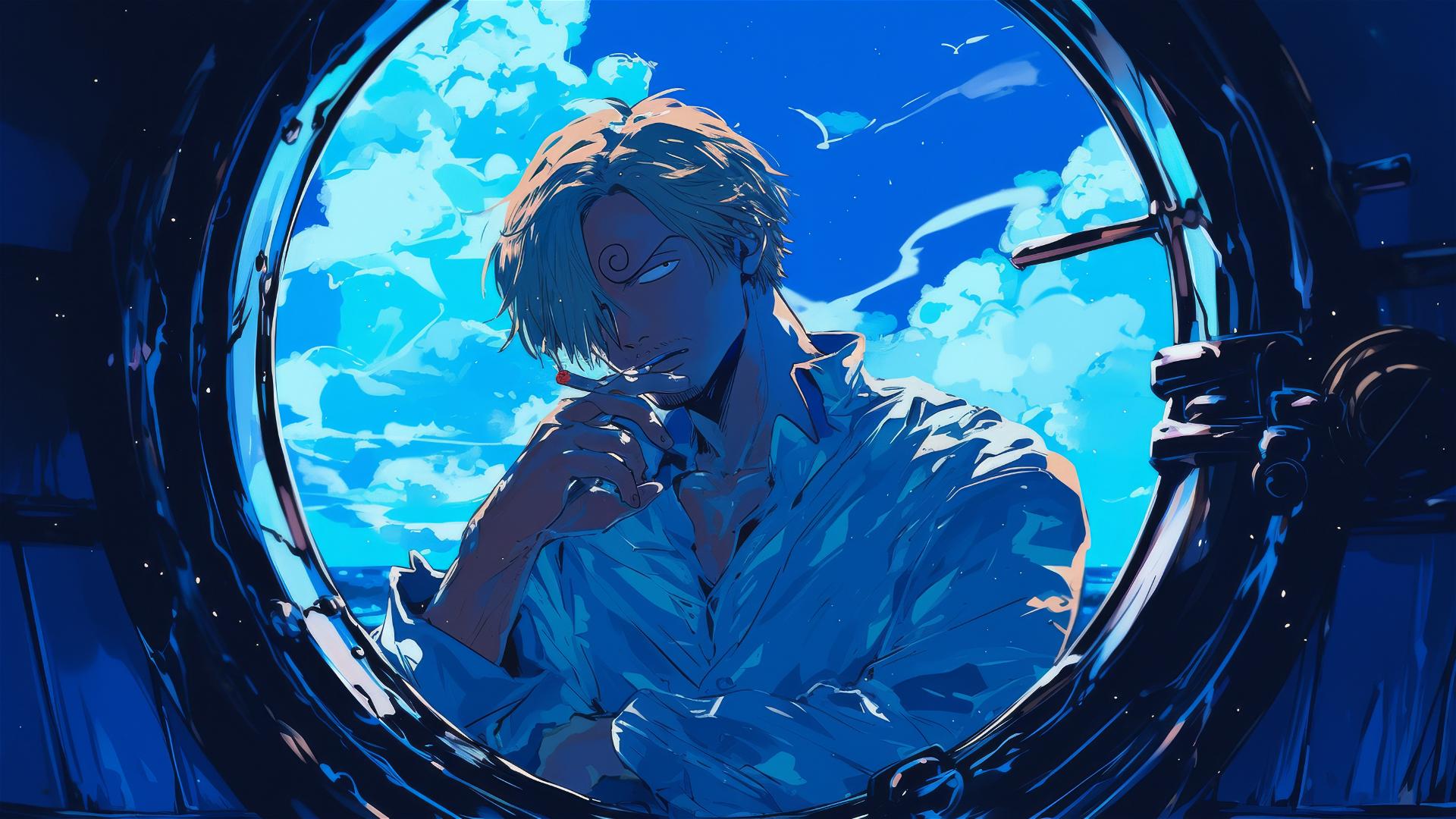 Sanji from One Piece, smoking and pondering under a night sky, viewed through a porthole.