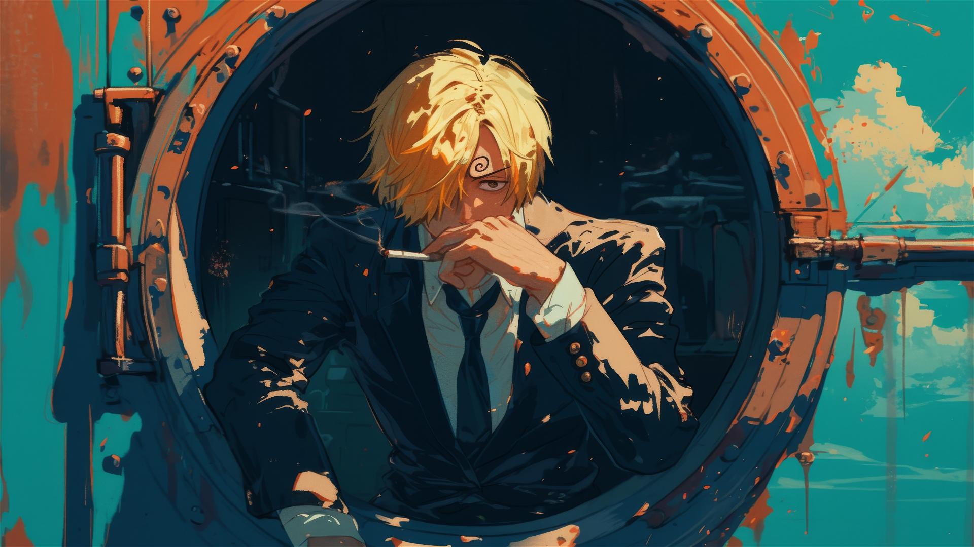 Sanji from One Piece looking through a porthole at night