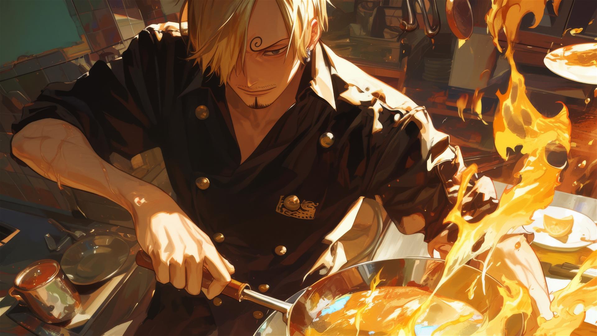 Sanji from One Piece cooking with flaming pan, face showing intense focus