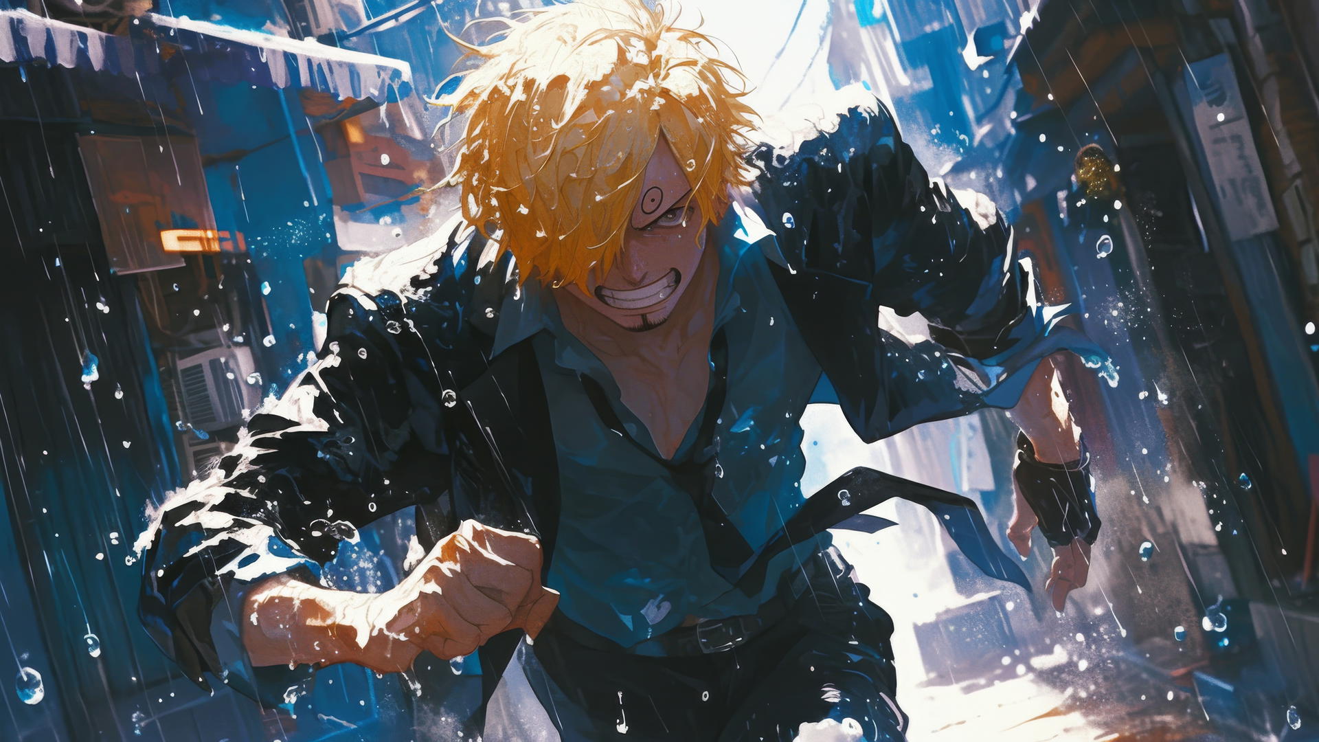 Sanji from One Piece running in a rain-soaked alley with water splashes