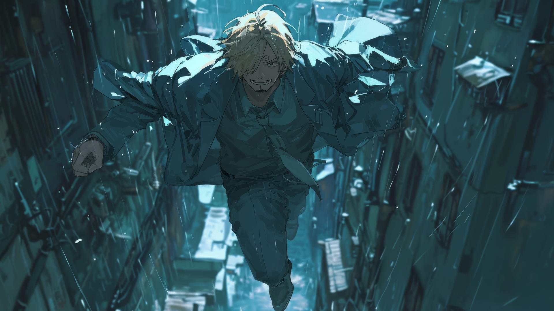 Sanji from One Piece running in a rainy alley with water splashes