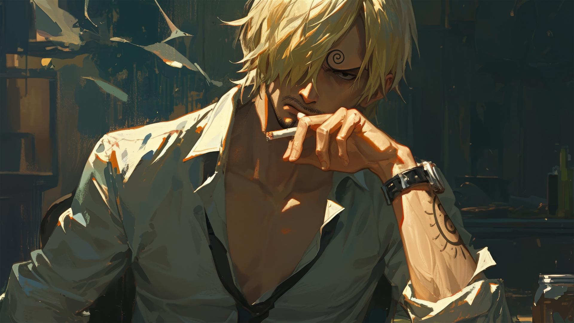 Sanji from One Piece in dim room with cigarette smoke highlighted