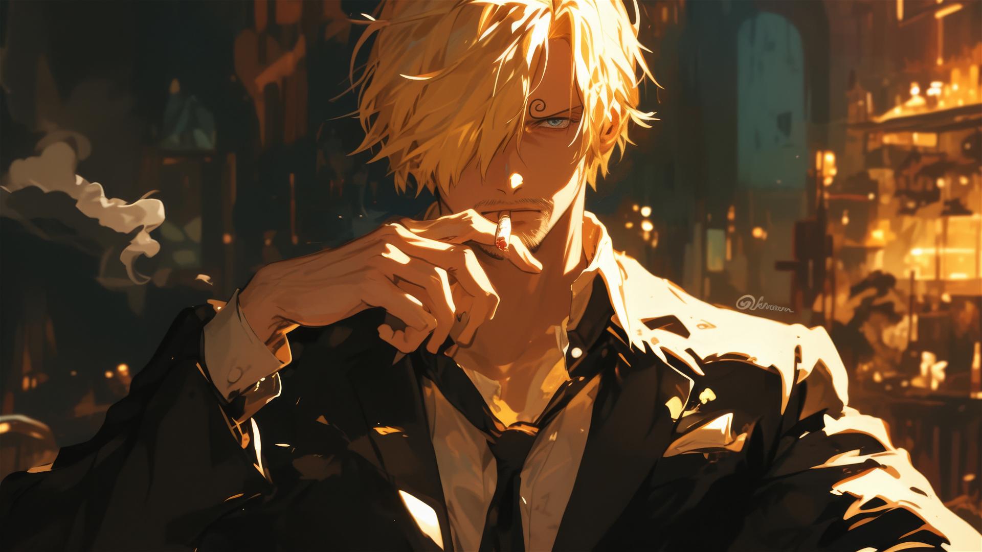 Sanji from One Piece in a dim room with highlighted cigarette smoke