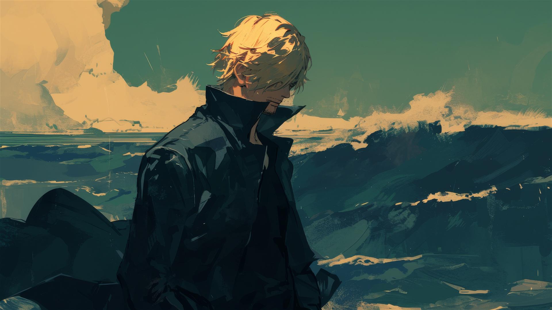 Sanji from One Piece looking over his shoulder at a stormy sea