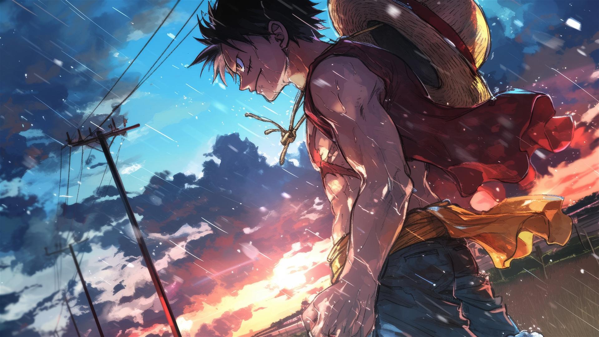 Luffy from One Piece walking on a highway under thunderstorm flashes