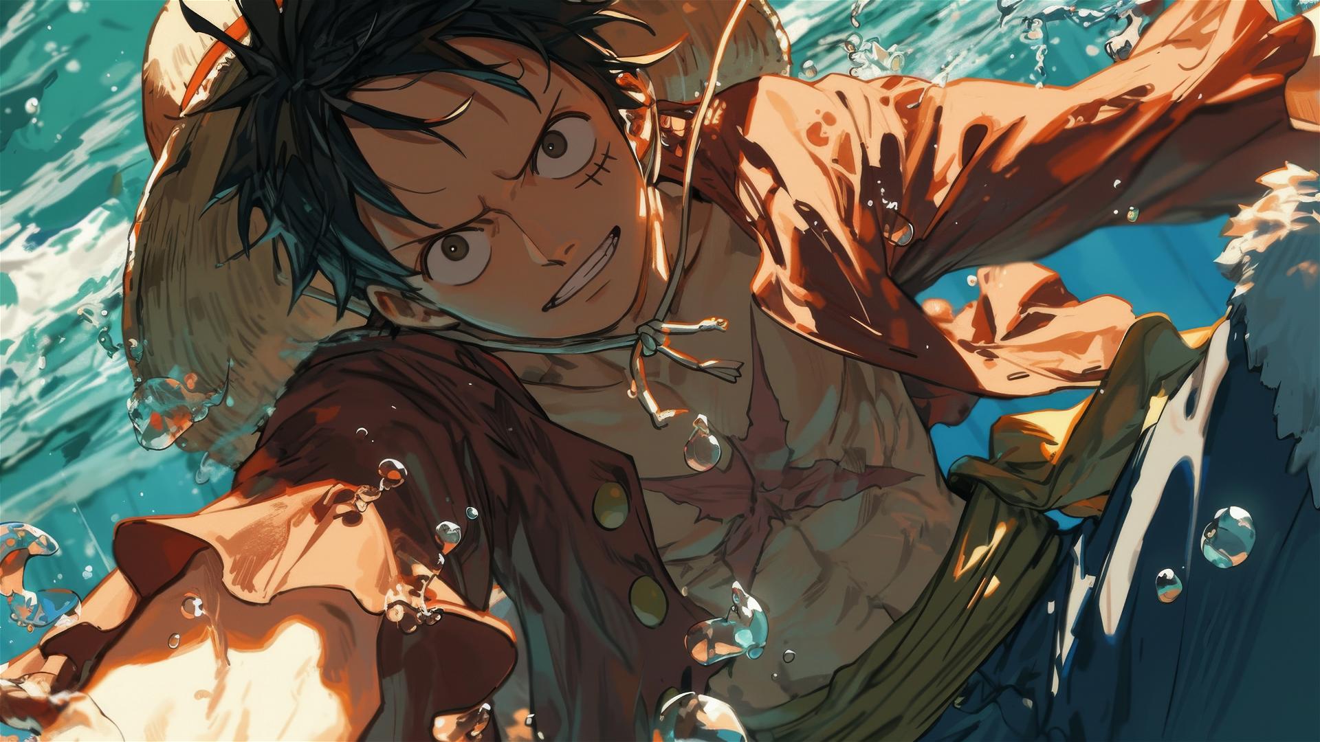 Luffy from One Piece with dramatic upward angle