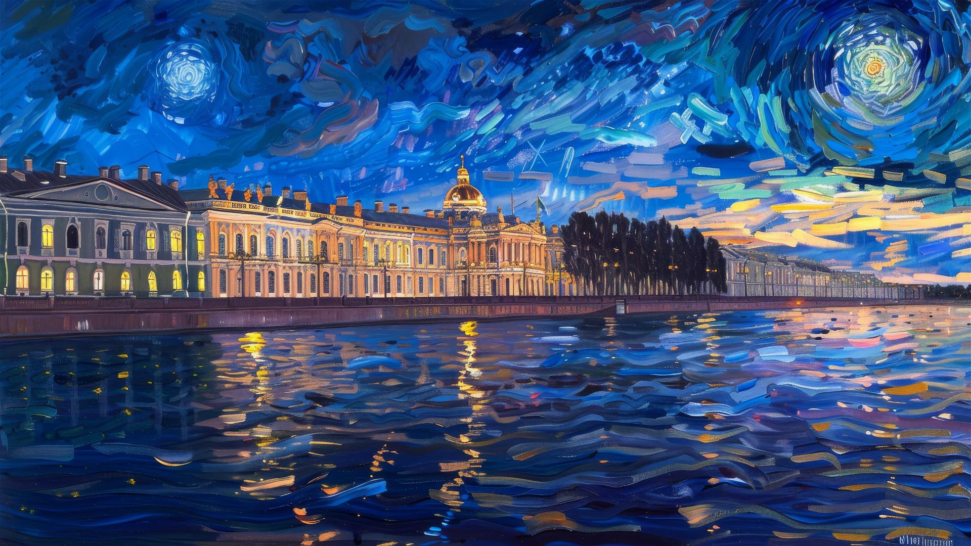 Hermitage Museum with van Gogh Starry Night sky at twilight