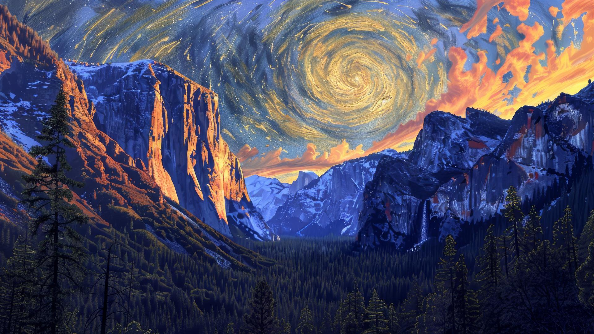 Yosemite Valley at sunset with van Gogh's Starry Night sky