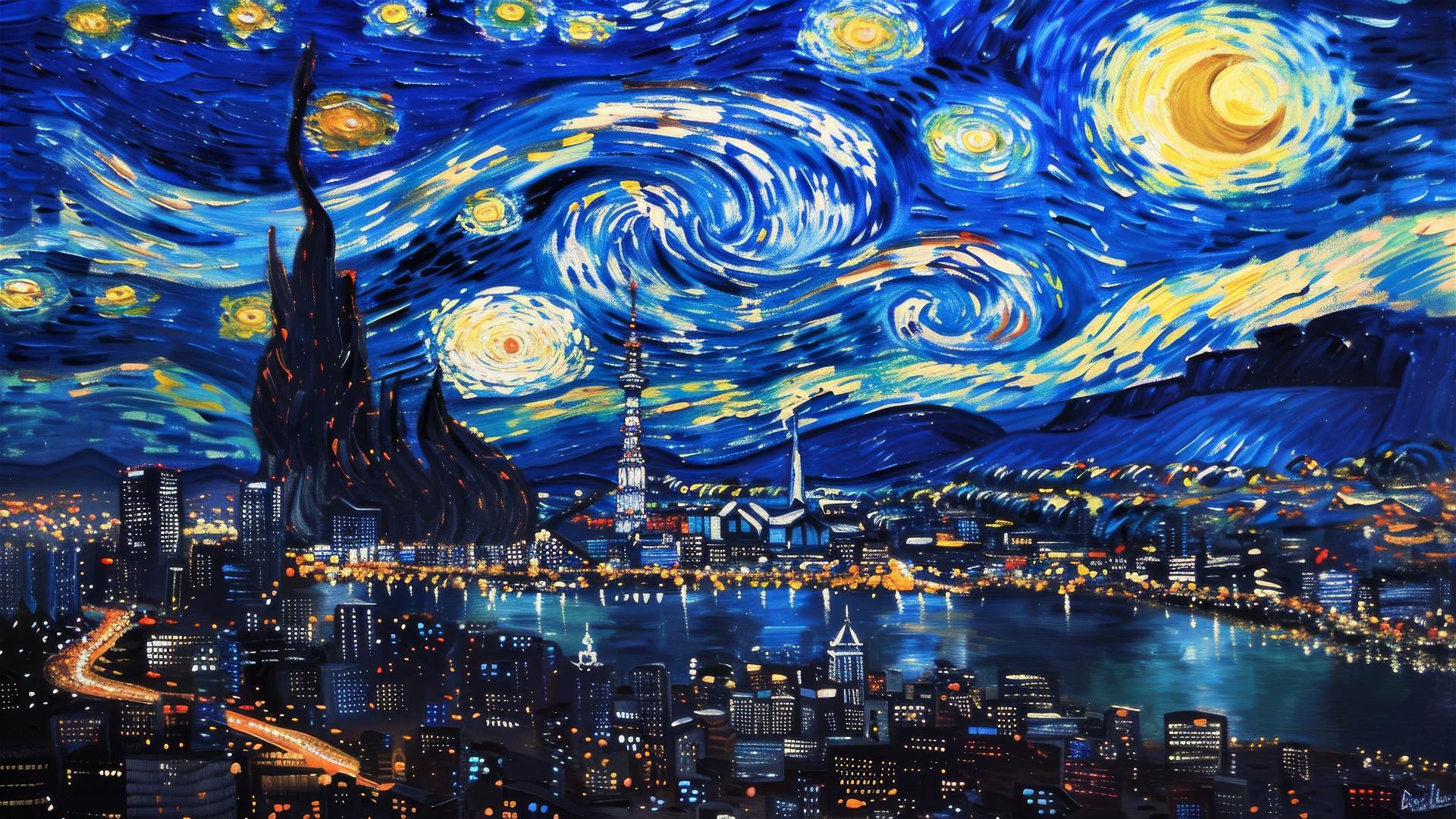 Realistic Seoul cityscape at night with van Gogh-style sky