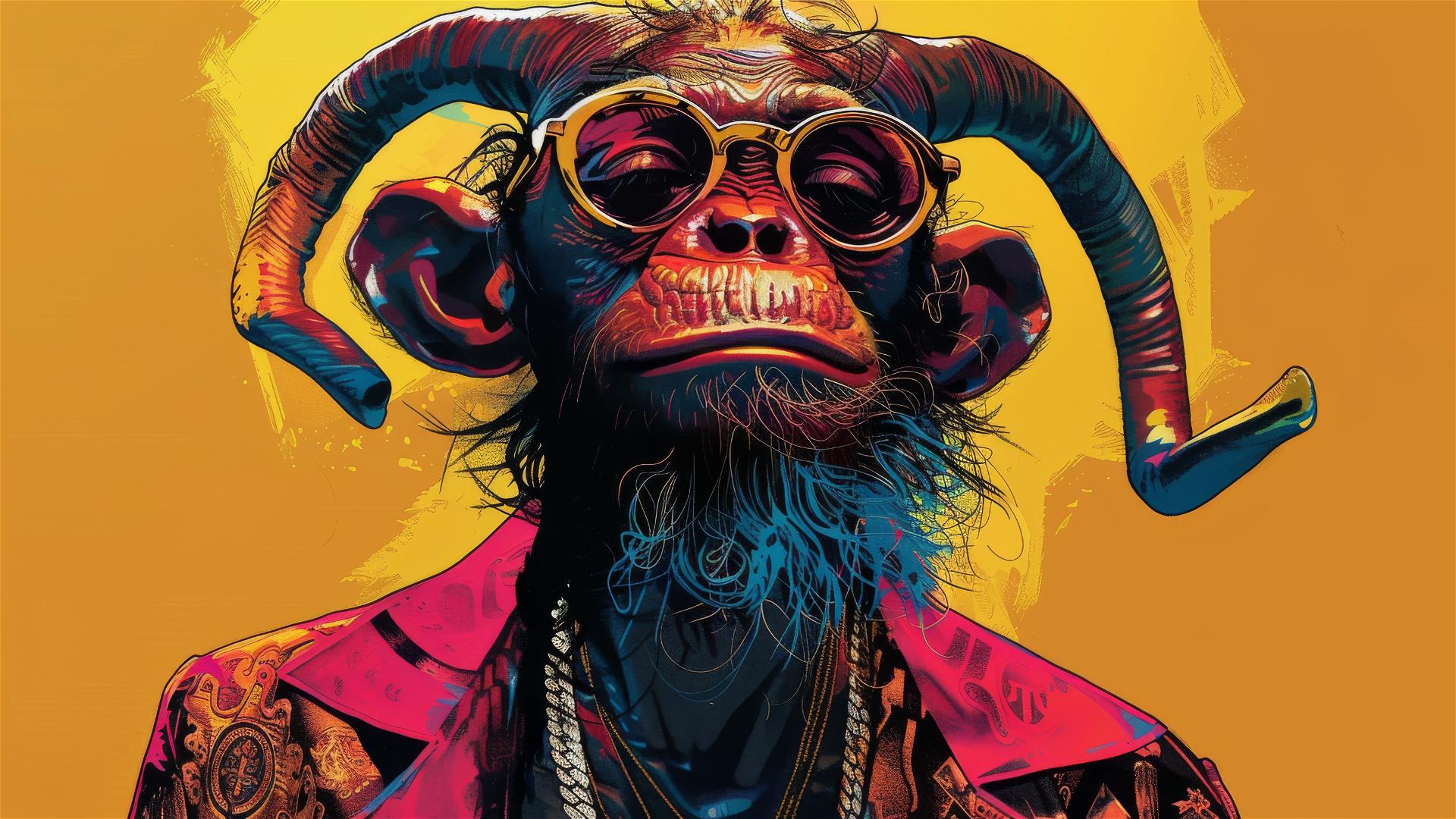Smiling devil monkey in Versace with long beard and horns, yellow background, street art style