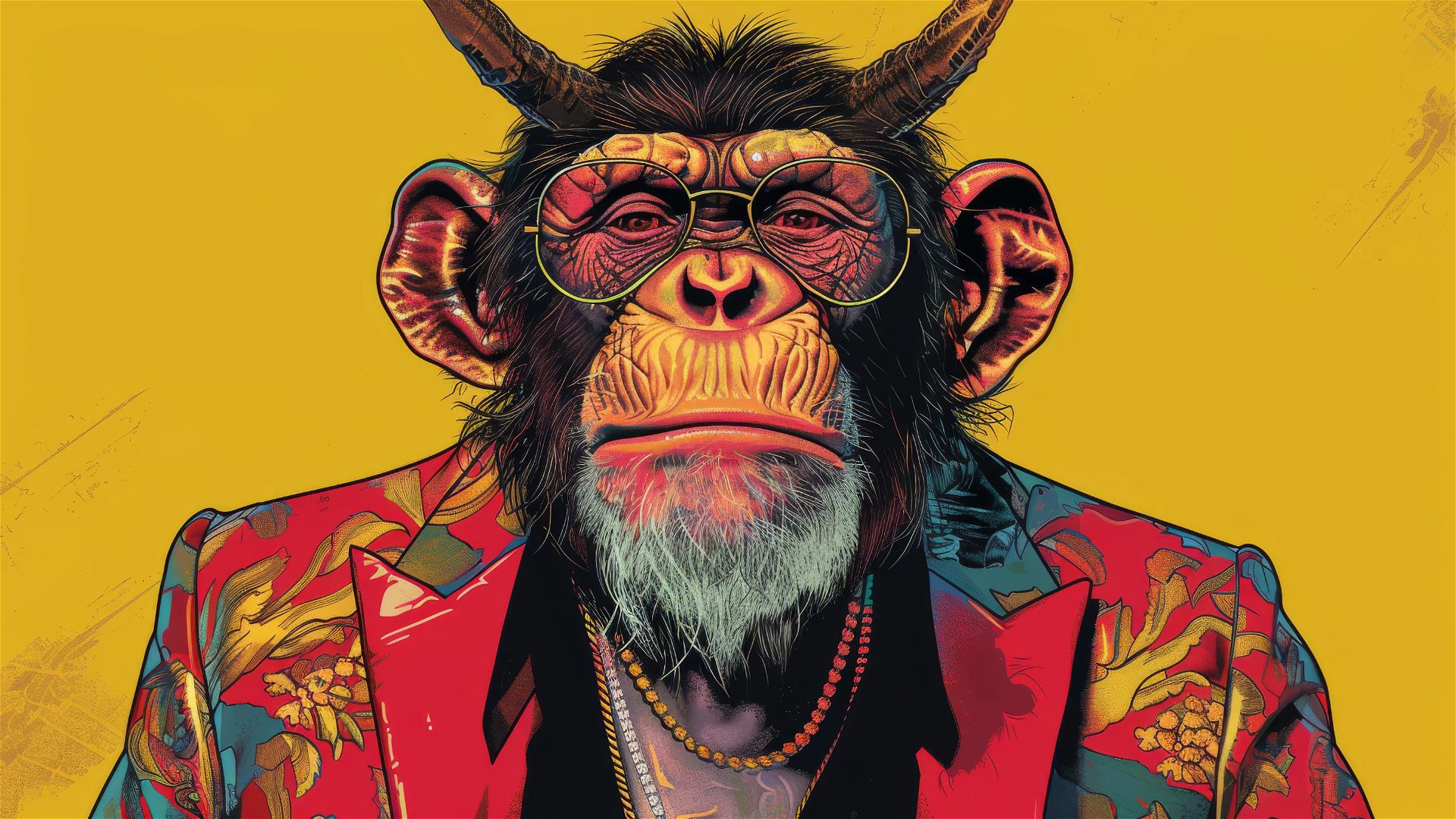 Cartoon devil monkey with Versace, long beard, and horns on yellow background