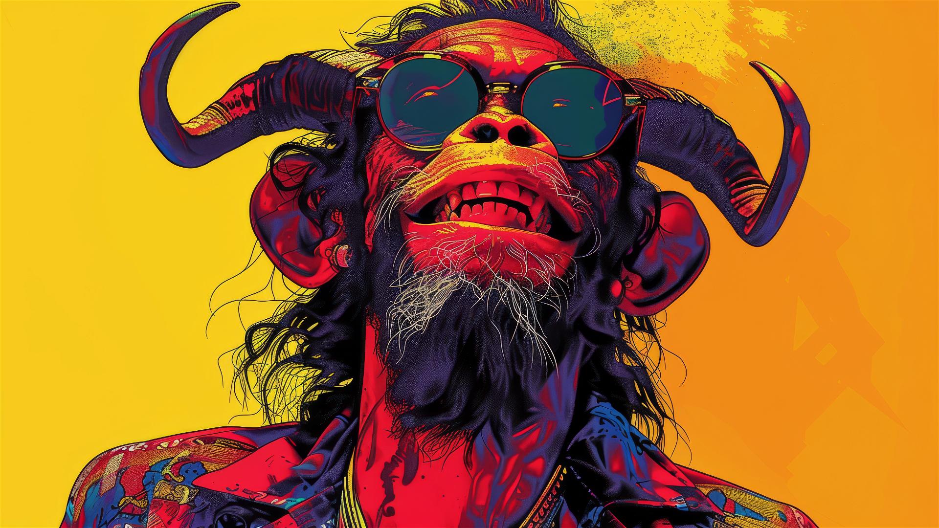 Cartoon devil monkey in Versace with a long beard and horns, yellow background, street art style