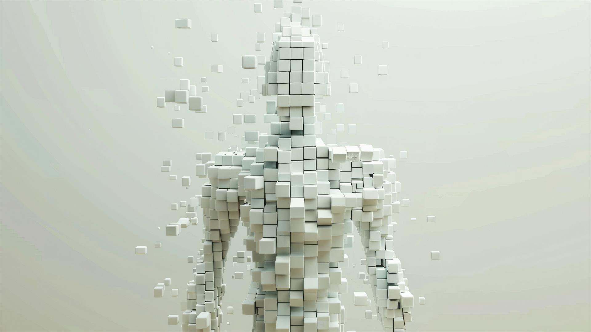 Abstract humanoid figure made of various-sized cubes