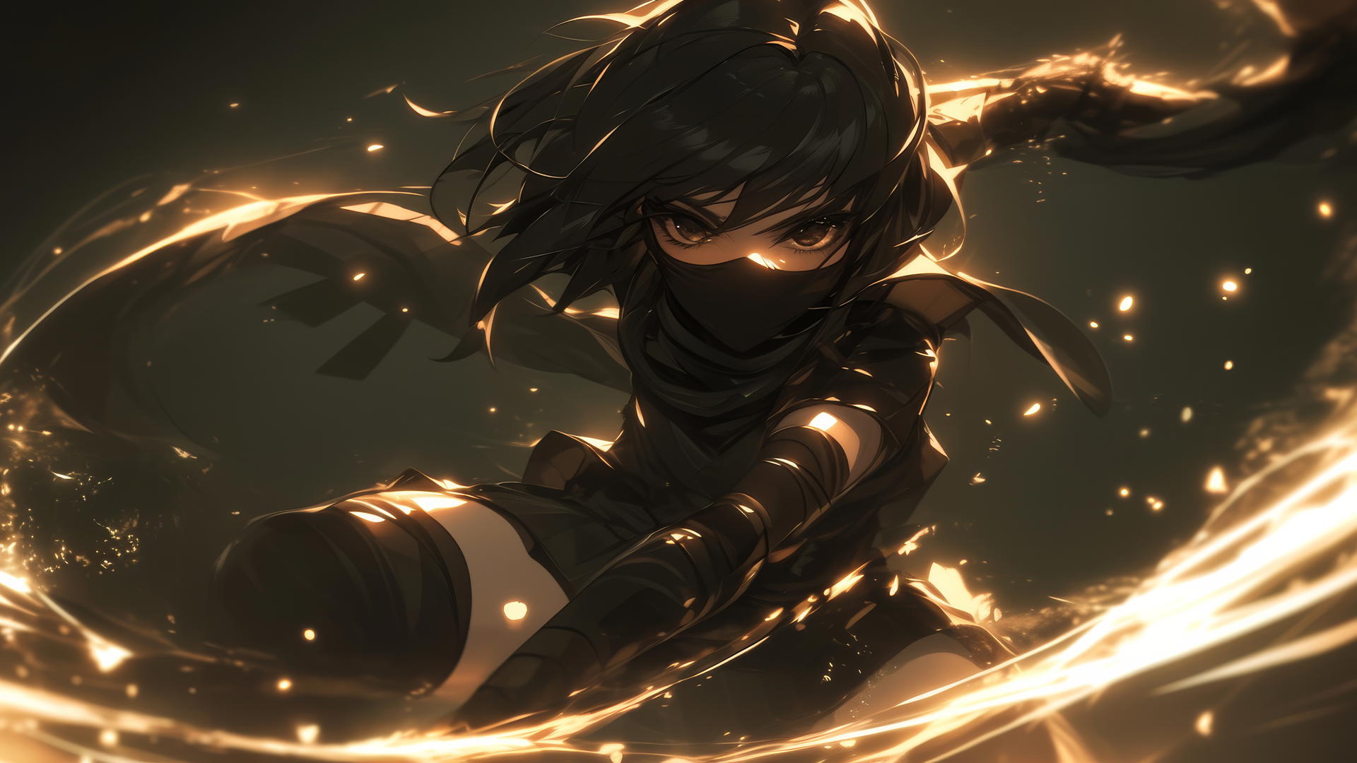 Ninja girl with mask and short hair in spotlight on dark background