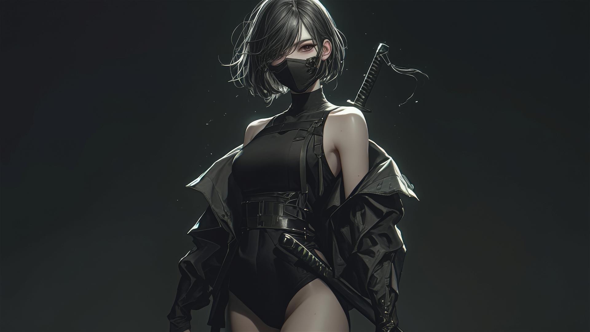 Ninja girl with short hair and dark mask in dynamic pose highlighting thigh