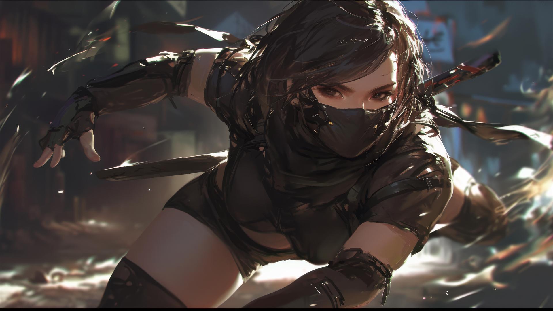 Ninja girl with short hair and masked face in dynamic pose under spotlight