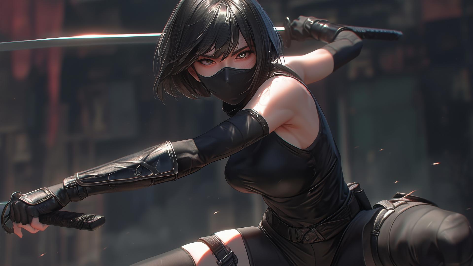 Ninja girl with short hair, mask and thigh focus in a dynamic pose with spotlight