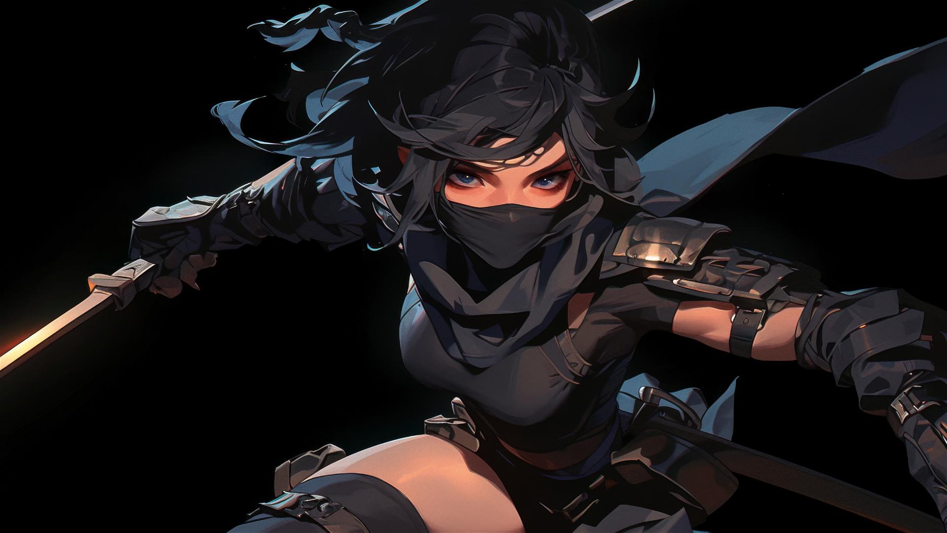 Ninja girl with short hair in dynamic pose, mask covering face, spotlight on thigh