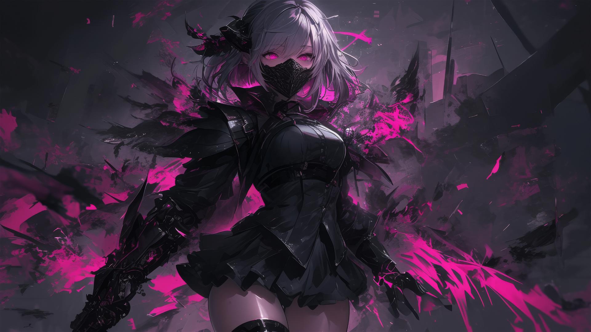 Demon girl with short hair, masked face, thigh focus in dynamic pose under spotlight