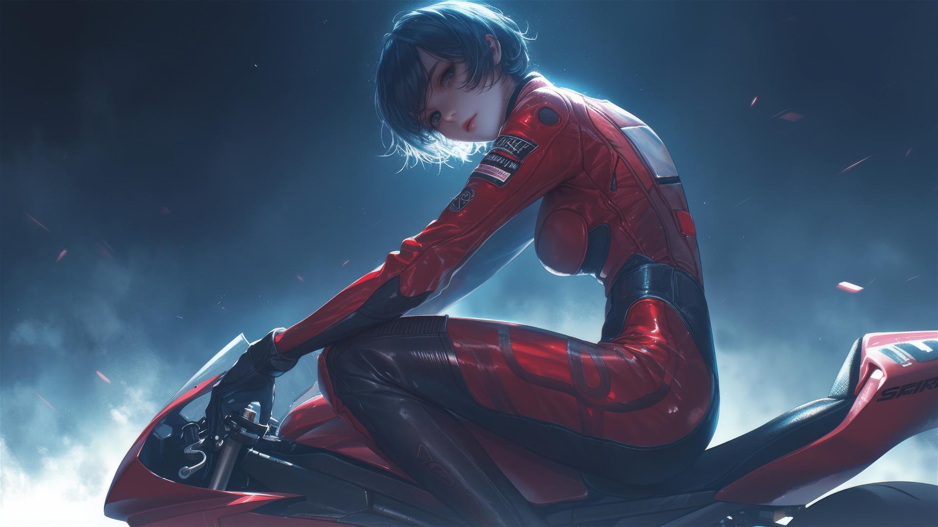 Motorsport racer girl with short hair, masked face, and thigh focus in a dynamic pose under spotlight