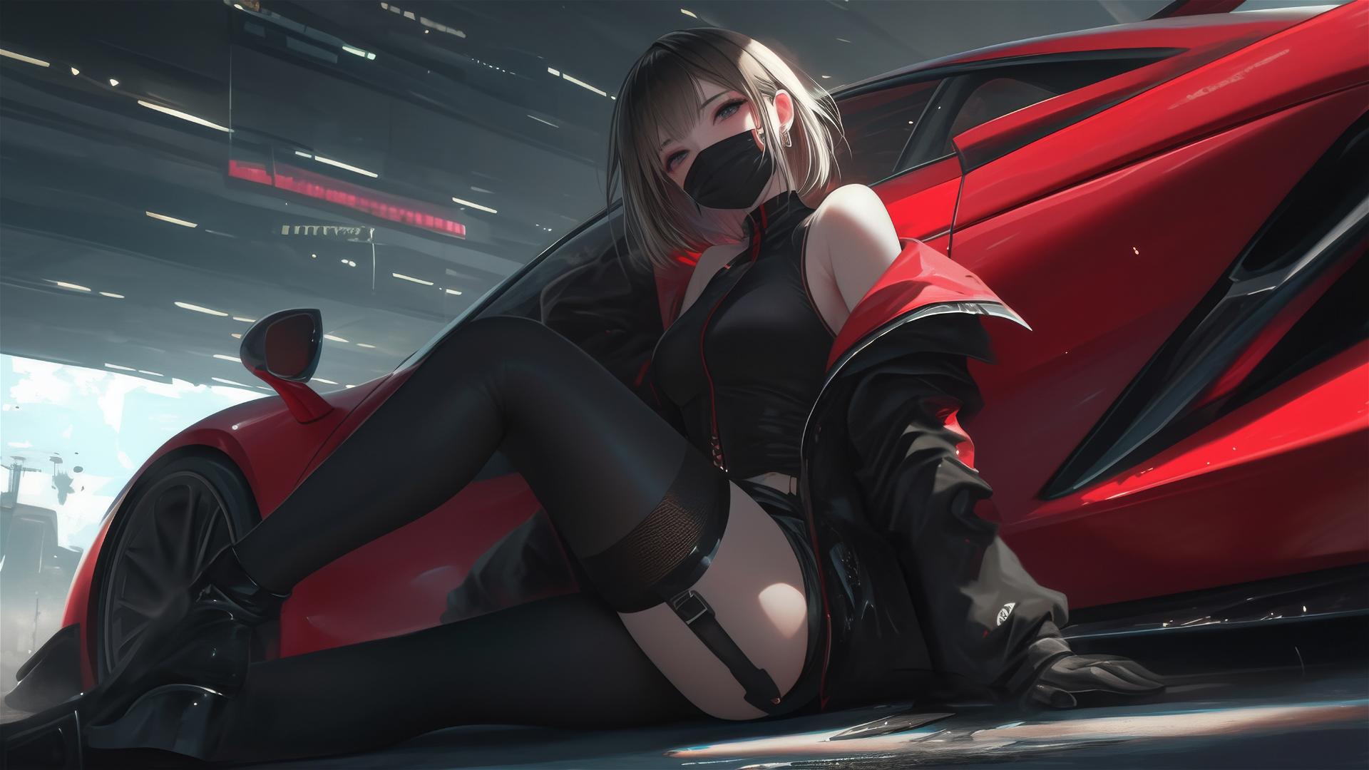 Racer girl with short hair and dark mask in spotlight