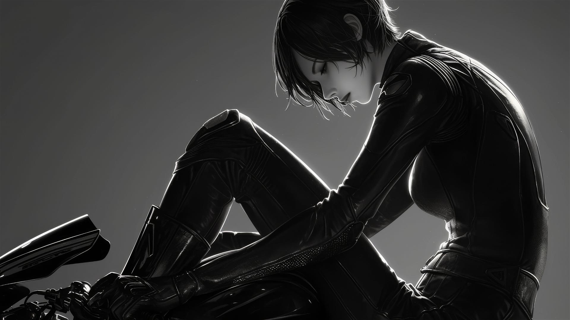 Motor racer girl with short hair, masked face, thigh focus, and spotlight effect on dark background.