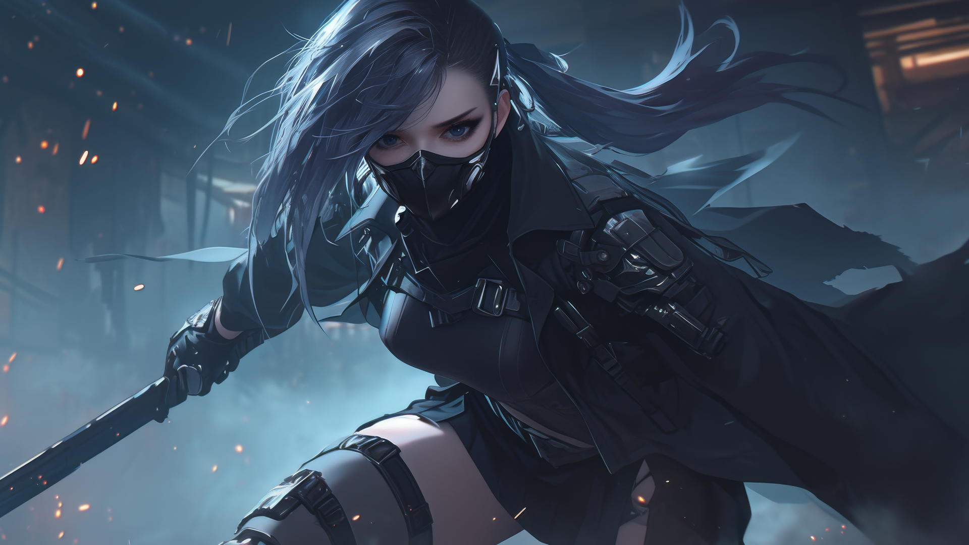 Tactical school girl with masked face in dynamic pose on dark background