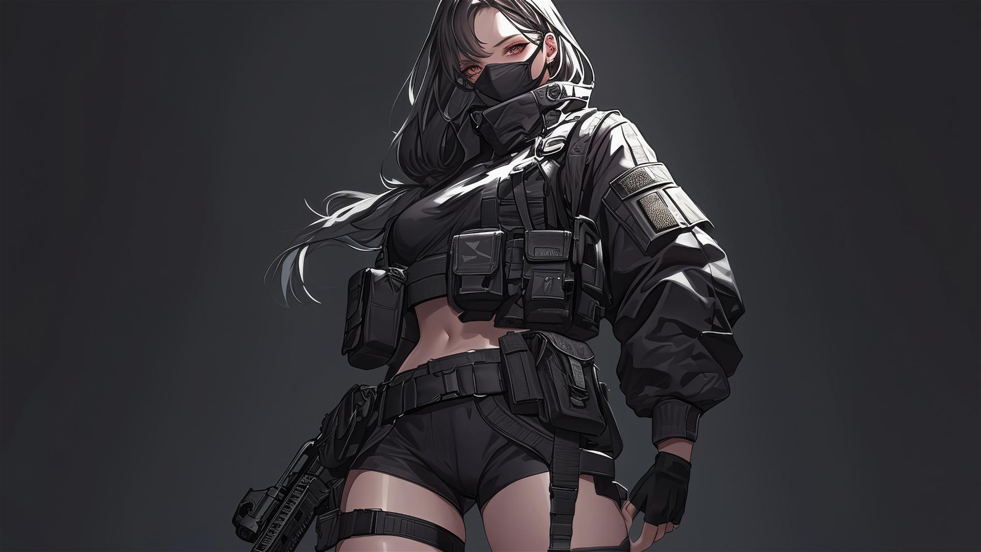 Tactical school girl with masked face in dynamic thigh-highlighting pose on dark background