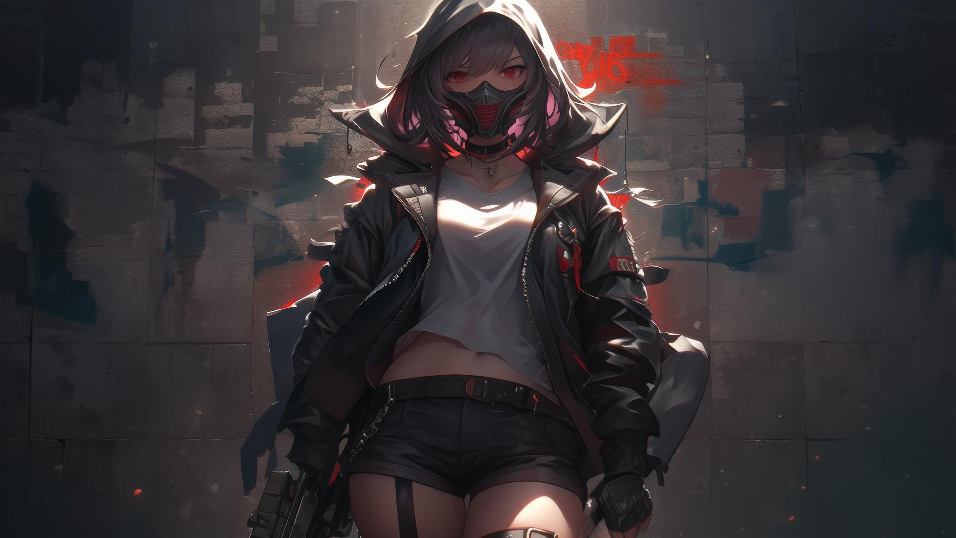 Tactical school girl with mask and thigh focus in dynamic pose