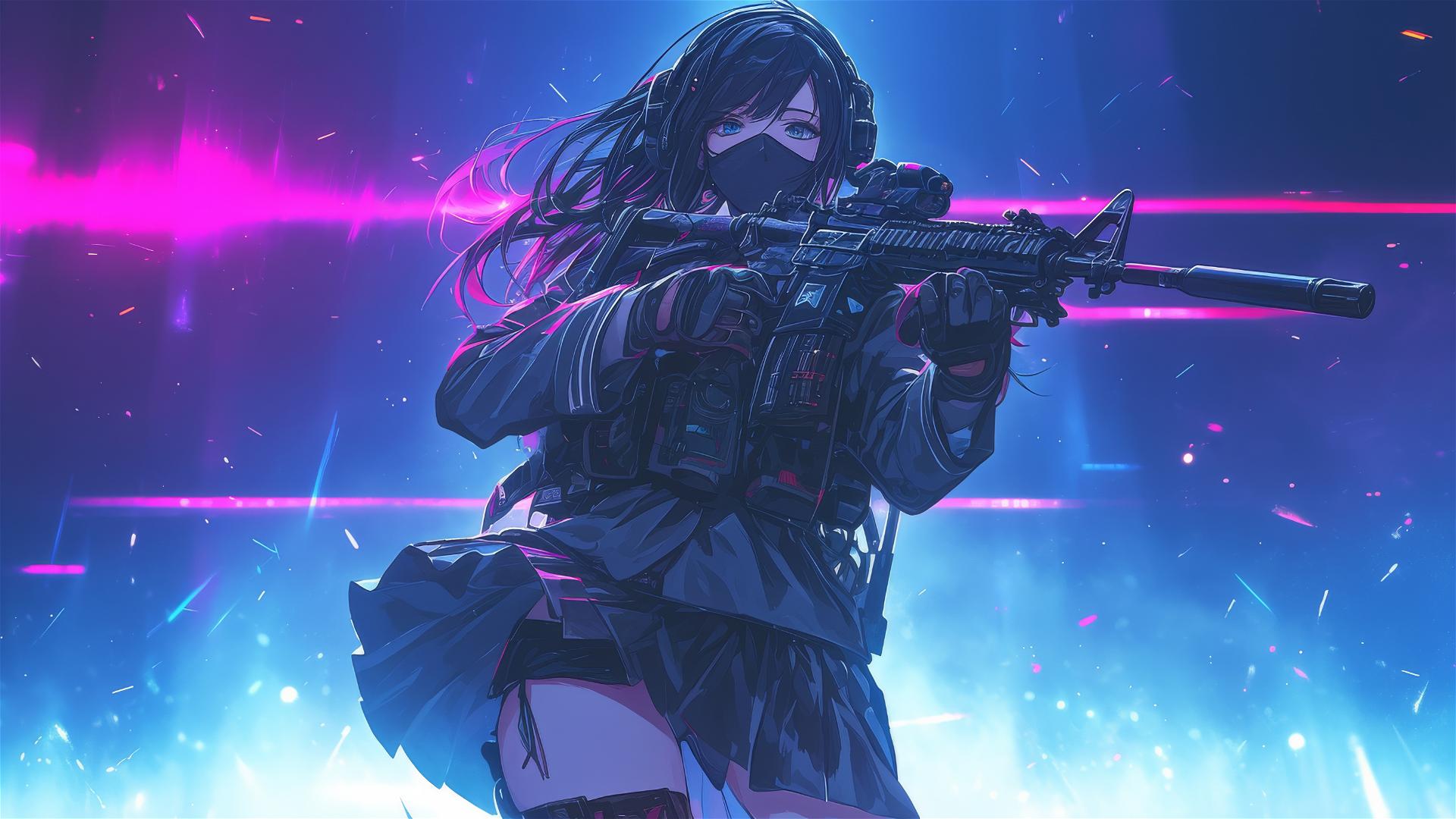 Tactical school girl with masked face in dynamic thigh-highlighting pose