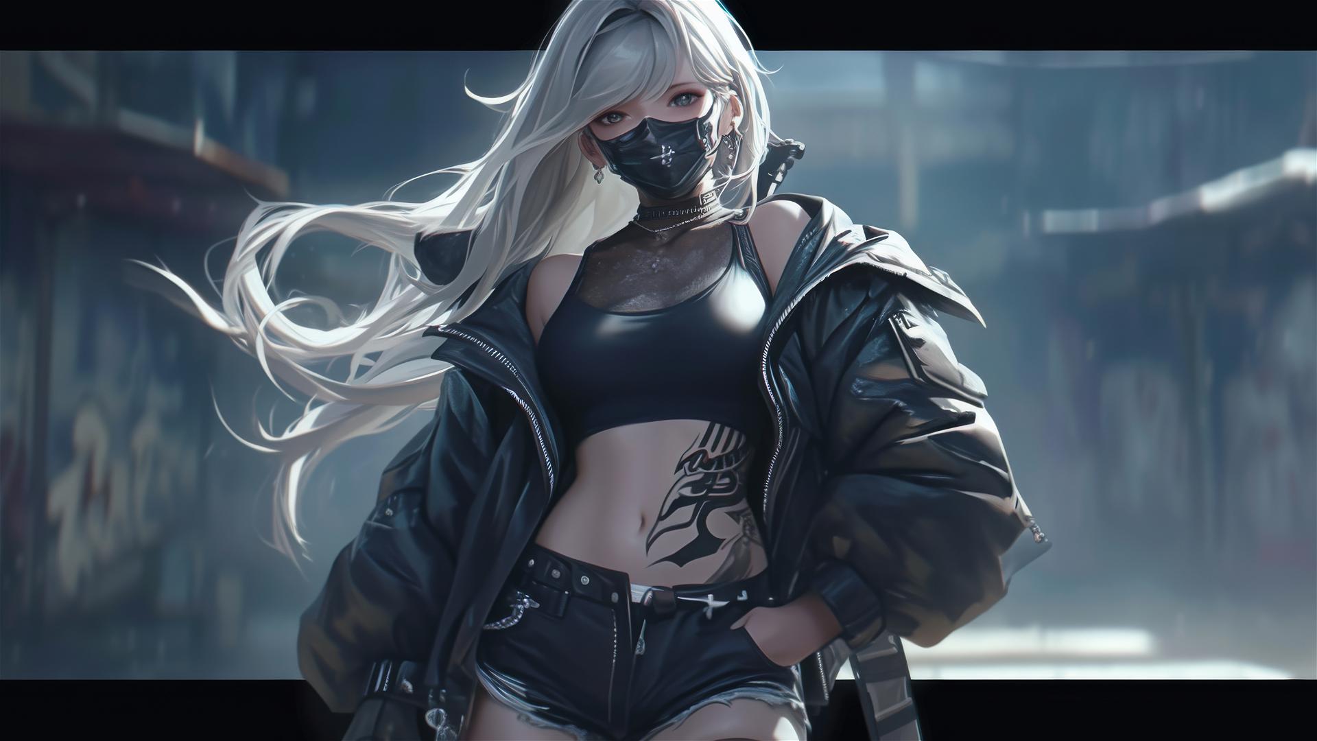 Tactical school girl with a dark mask and highlighted thighs in a dynamic pose