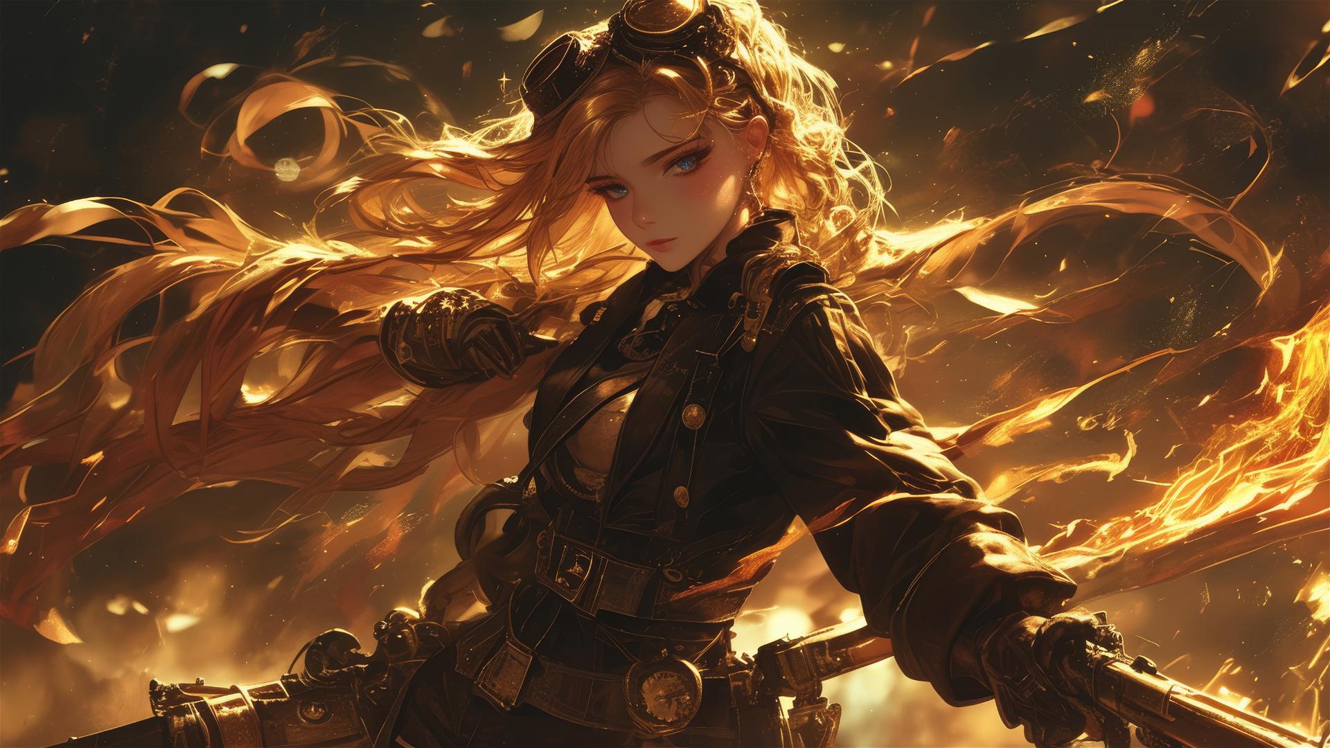 Steampunk girl in dynamic pose on dark background with spotlight effect