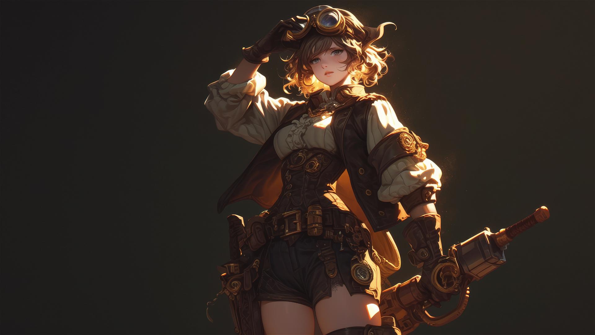 Steampunk adventurer girl in dynamic pose on dark background