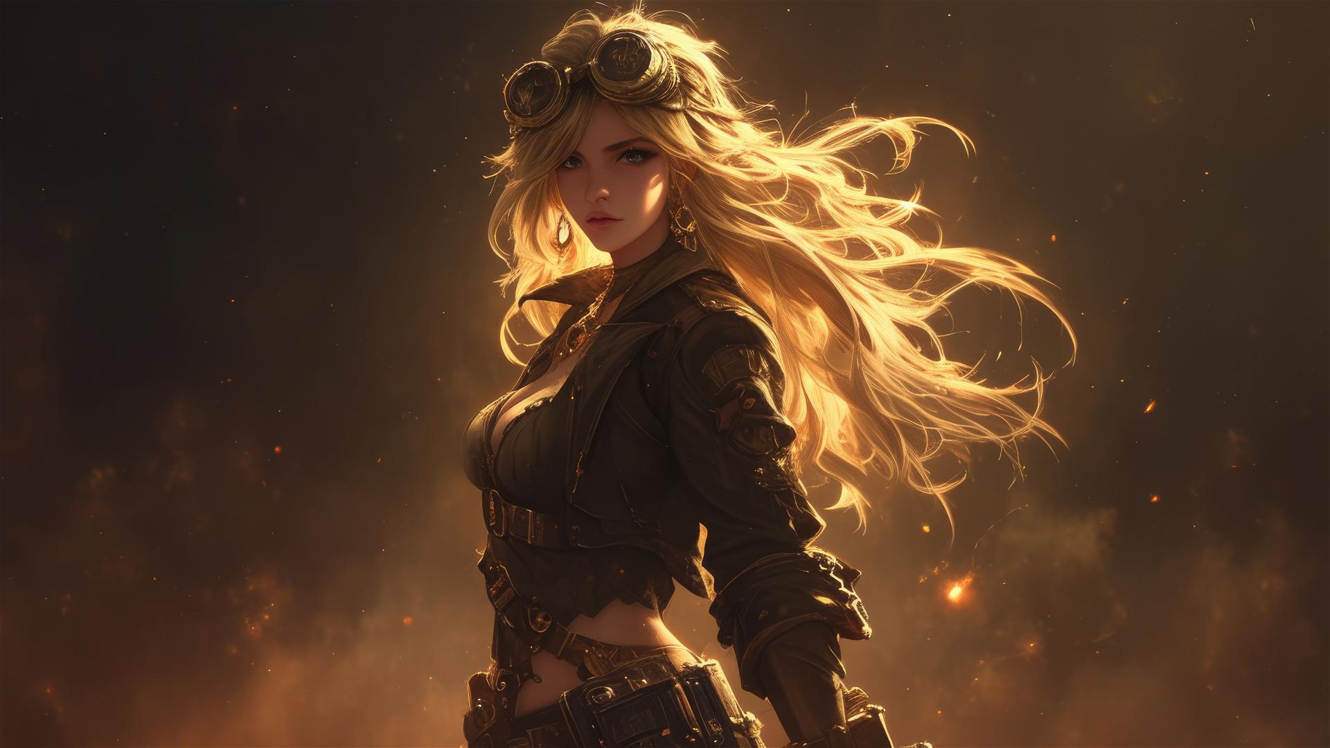 Steampunk Adventurer Girl in dynamic pose on a dark background with thigh focus and spotlight effect