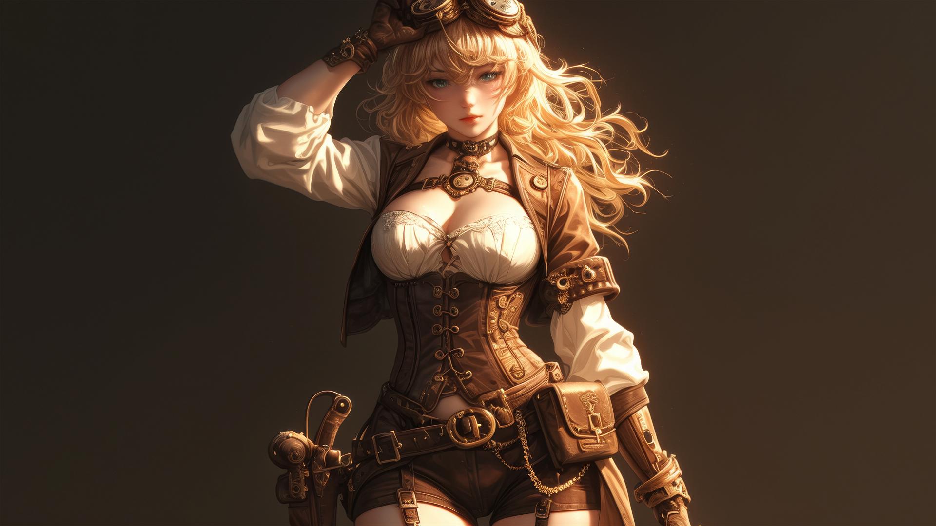 Steampunk Adventurer Girl in dynamic pose with thigh focus on dark background