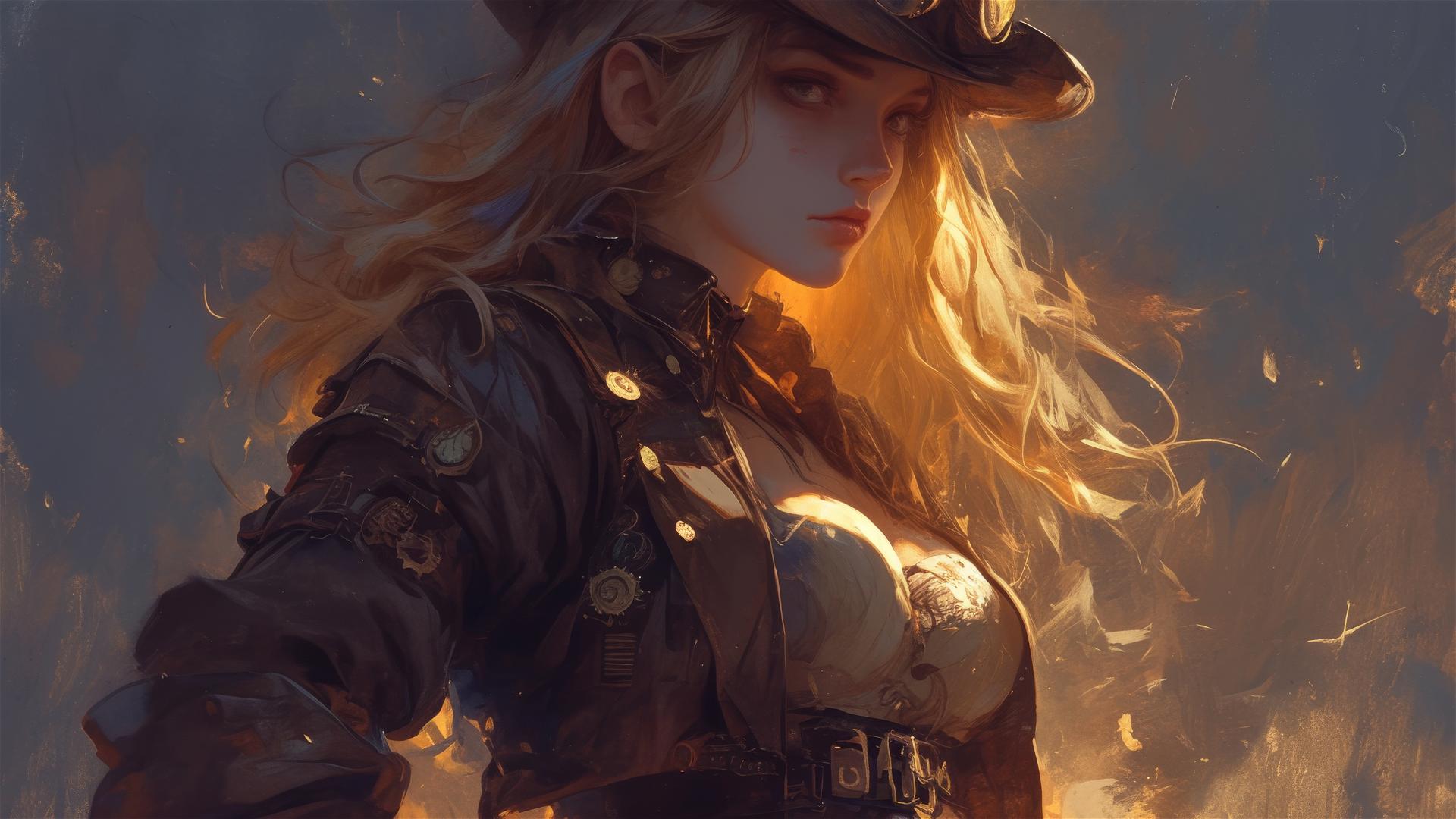 Steampunk adventurer girl in dynamic pose with thigh focus and spotlight effect on dark background