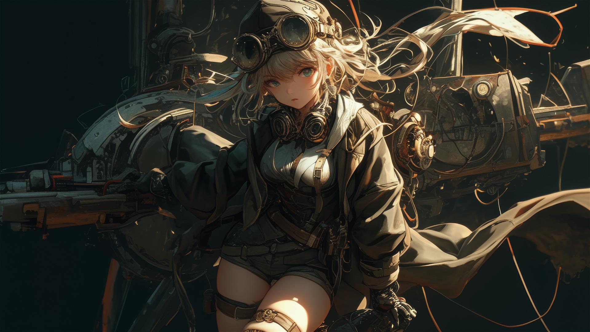Steampunk Adventurer Girl in dynamic pose with thigh focus on dark background