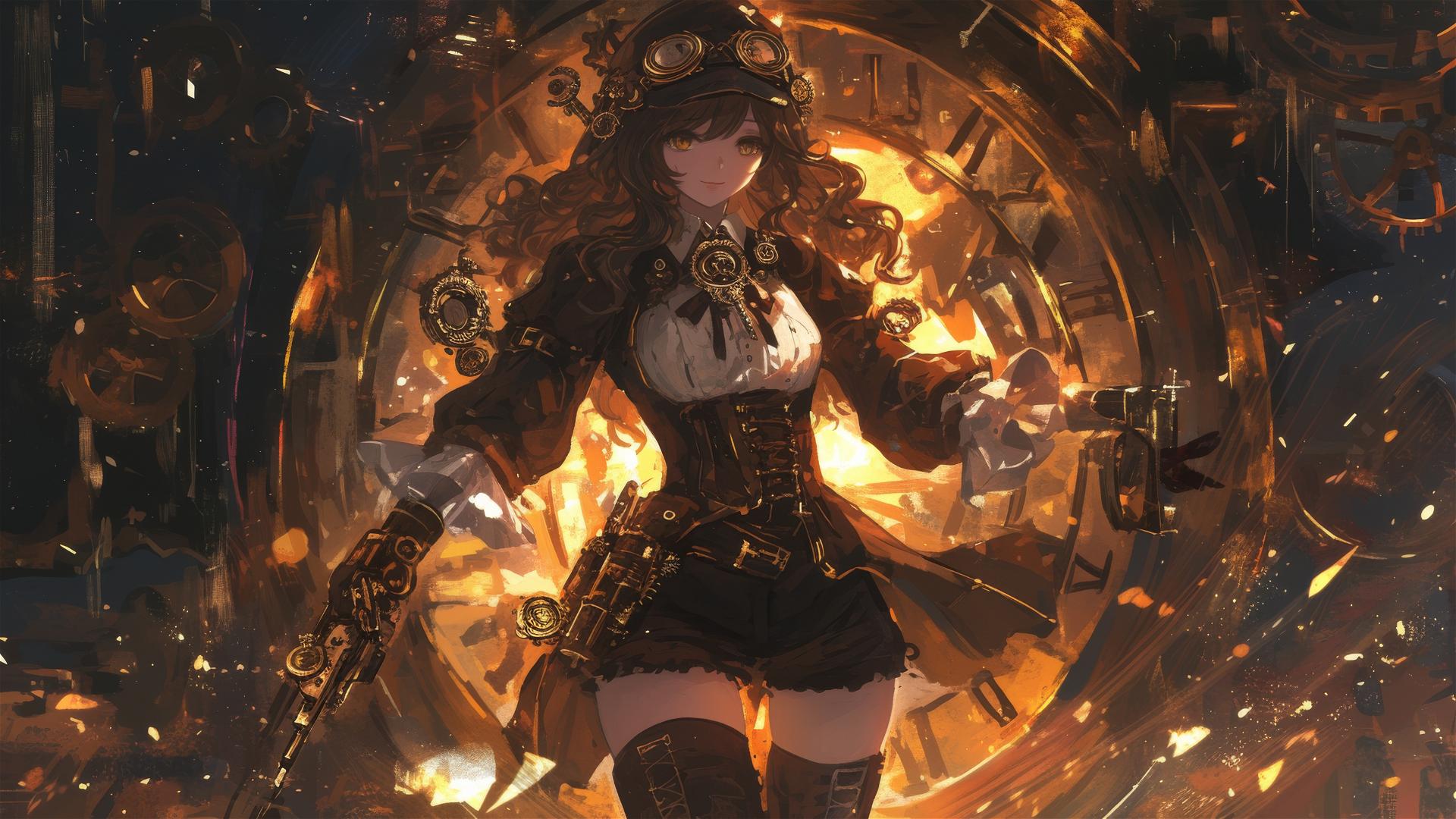 Steampunk girl in dynamic pose with thigh focus on dark background