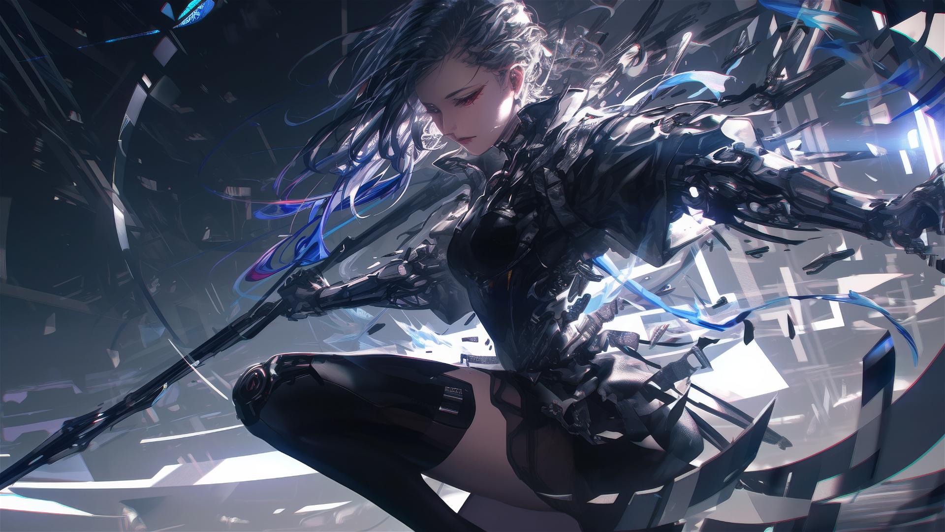 Cyberpunk girl in dynamic pose with thigh focus on dark background with spotlight
