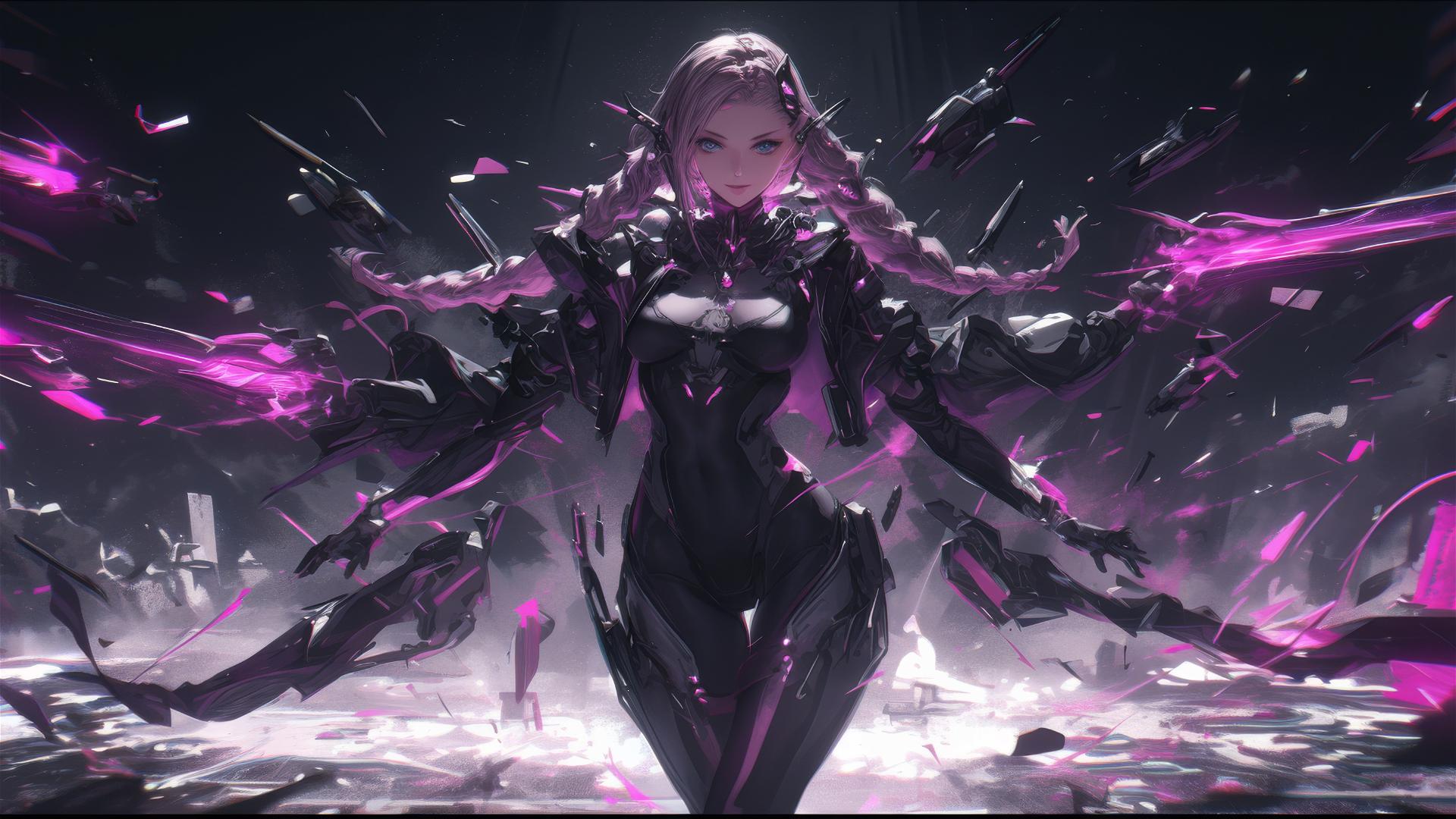 Cybernetic Agent Girl in dynamic pose with thigh focus on dark background
