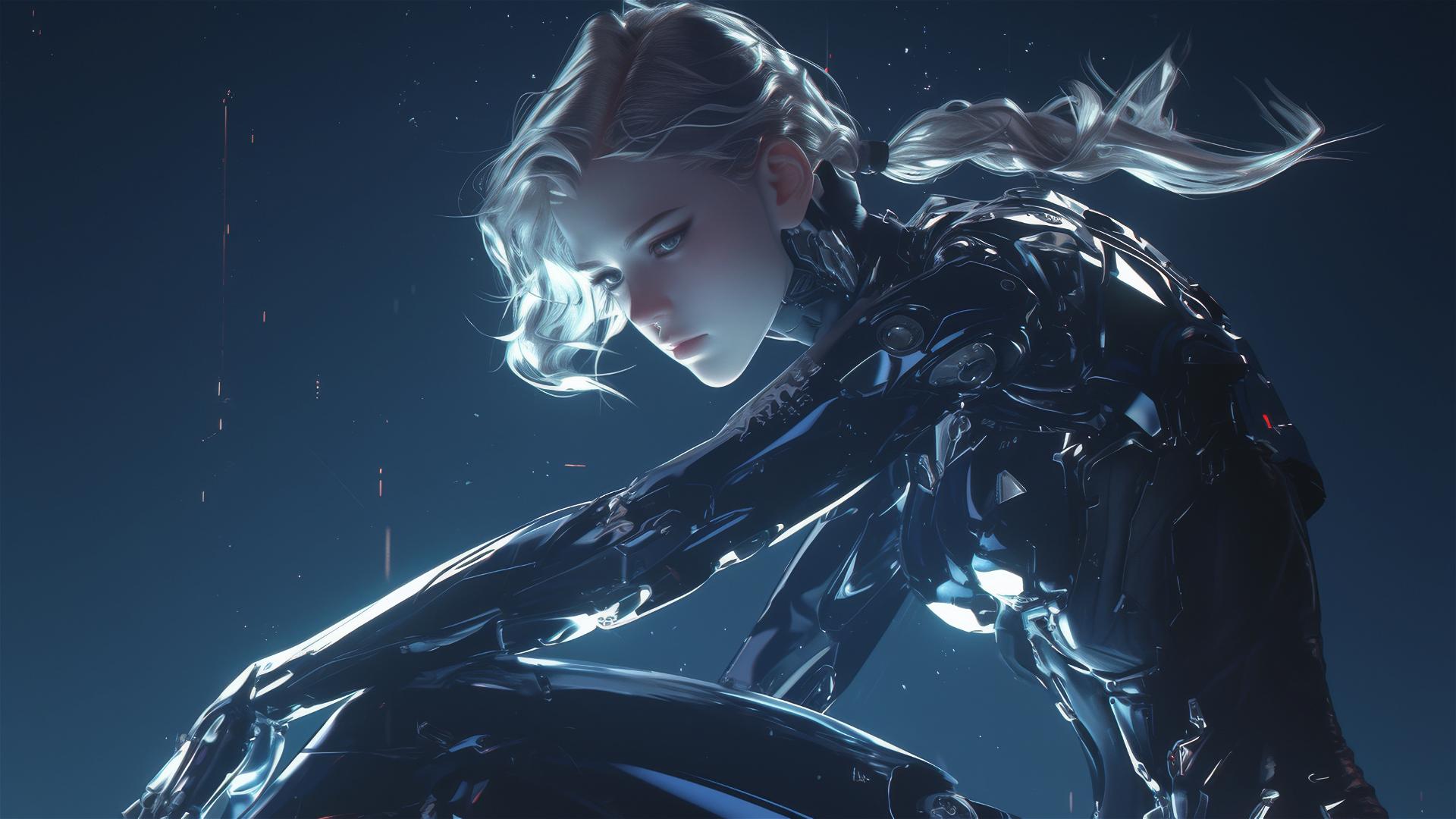 Cybernetic Agent Girl in dynamic pose on dark background with spotlight effect