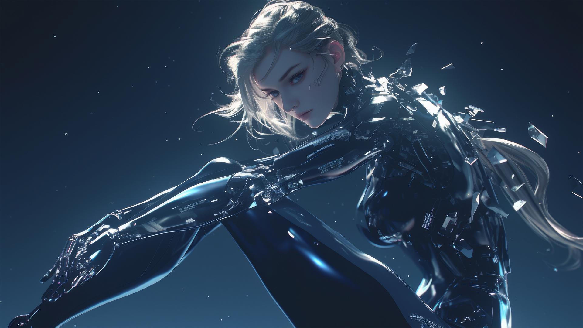 Cybernetic Agent Girl in dynamic pose with thigh focus and spotlight on dark background