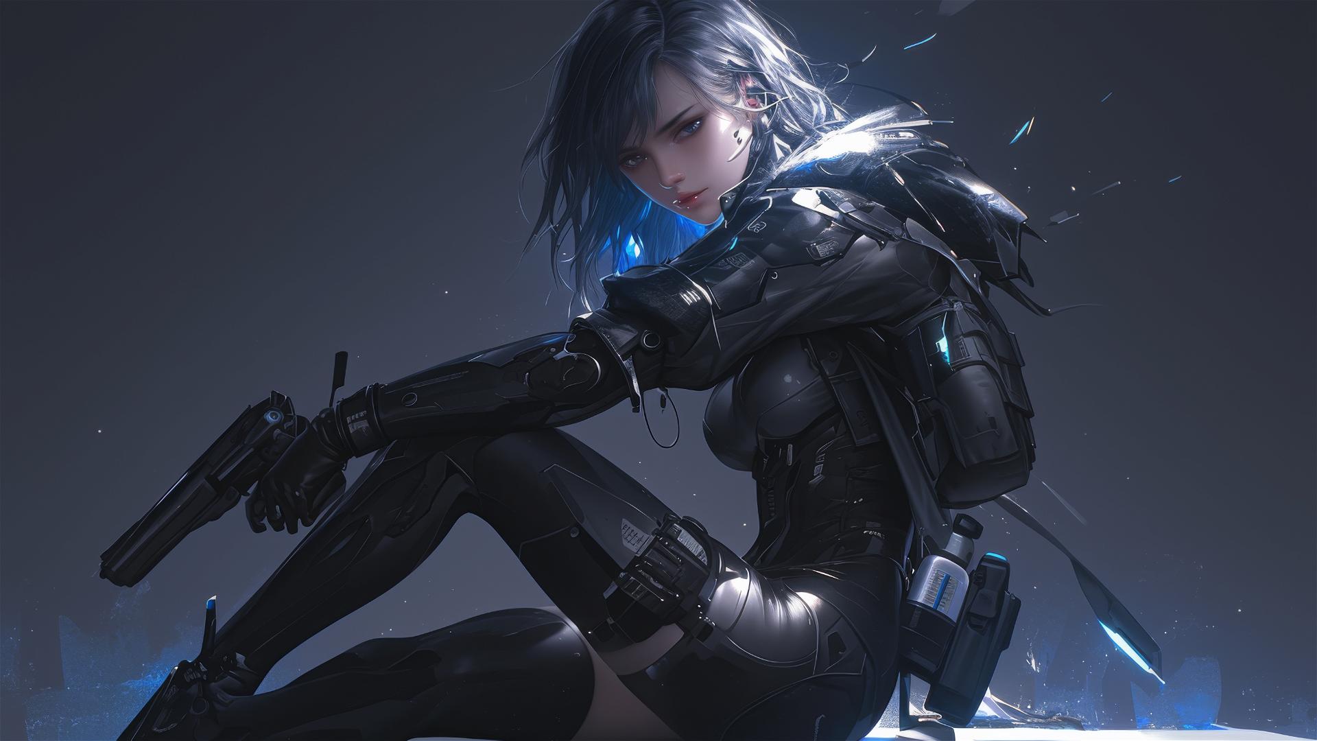 Cybernetic girl in dynamic pose with thigh focus on dark background