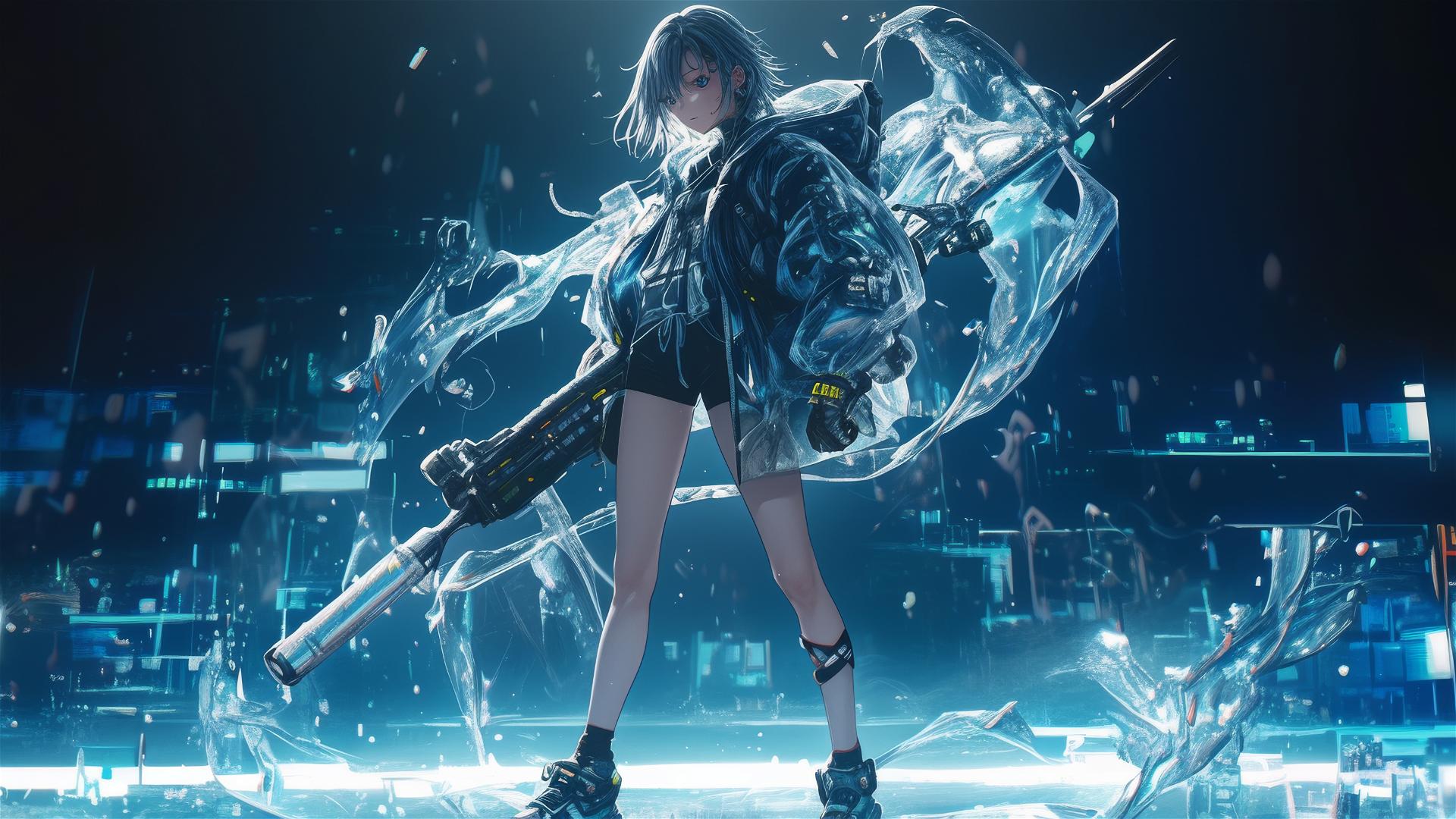 Cyberpunk girl in dynamic pose on dark background, spotlight highlighting thighs