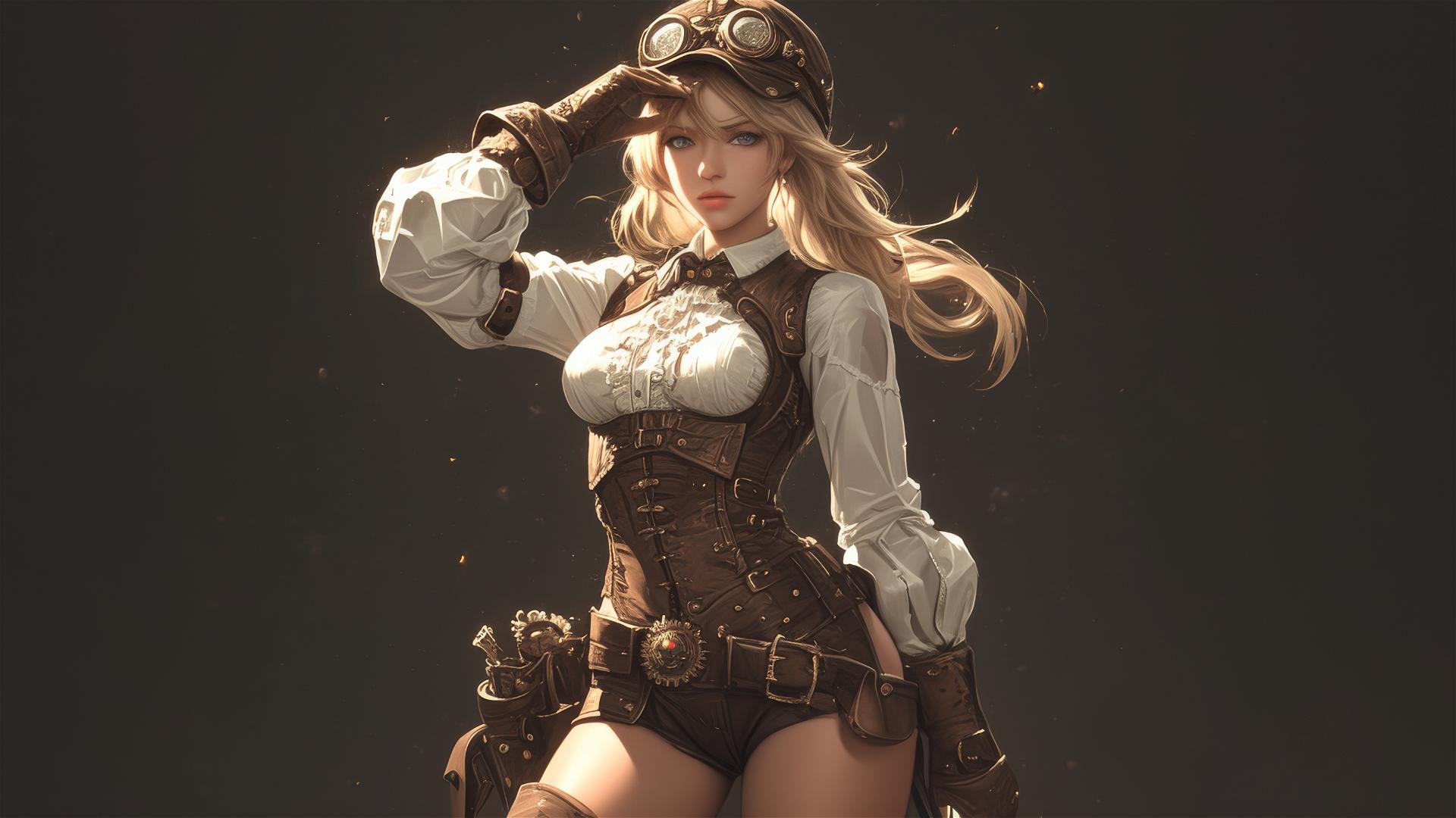 Steampunk Adventurer Girl in dynamic pose with thigh focus on dark background