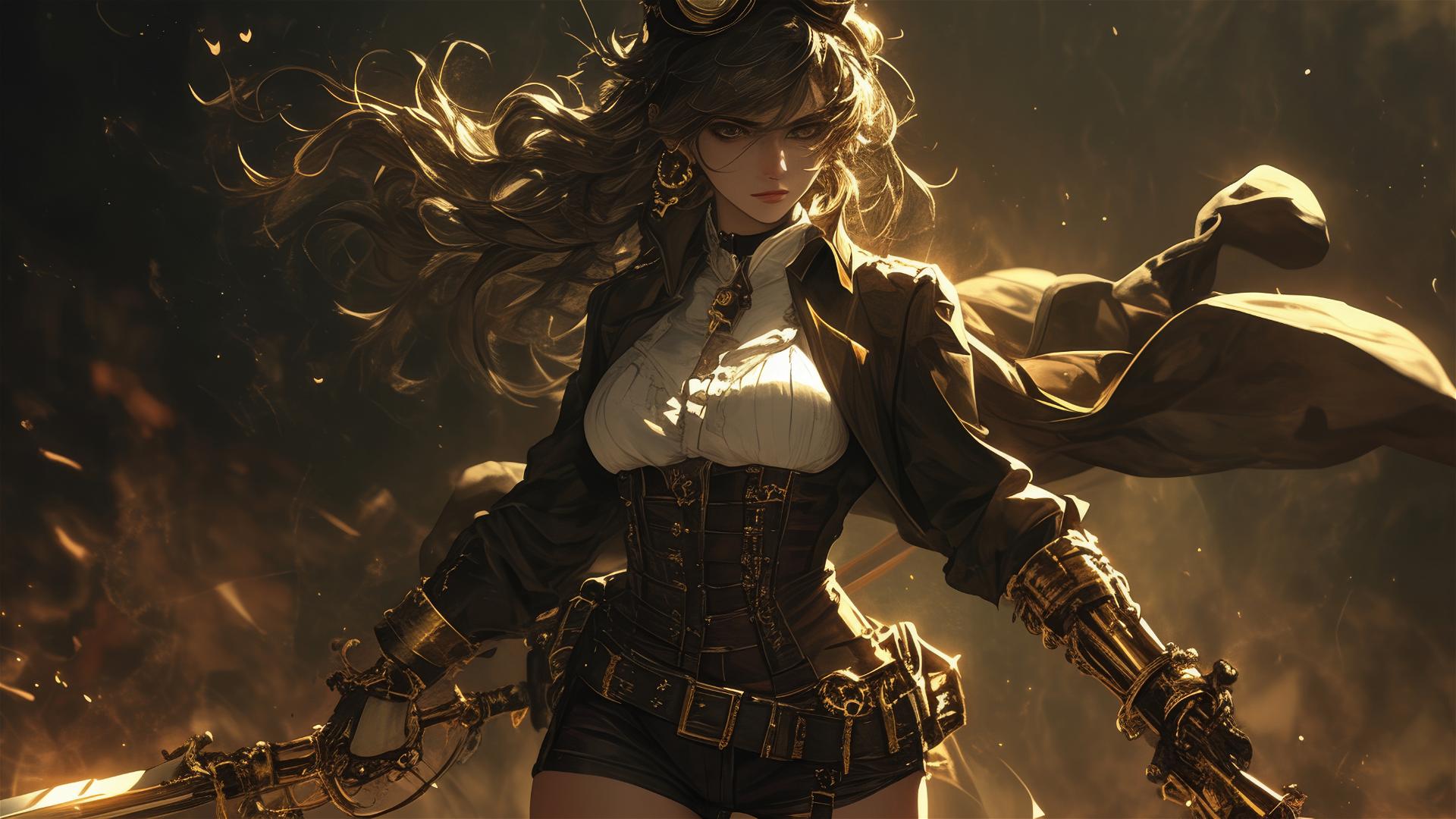 Steampunk girl in dynamic pose with thigh focus on dark background
