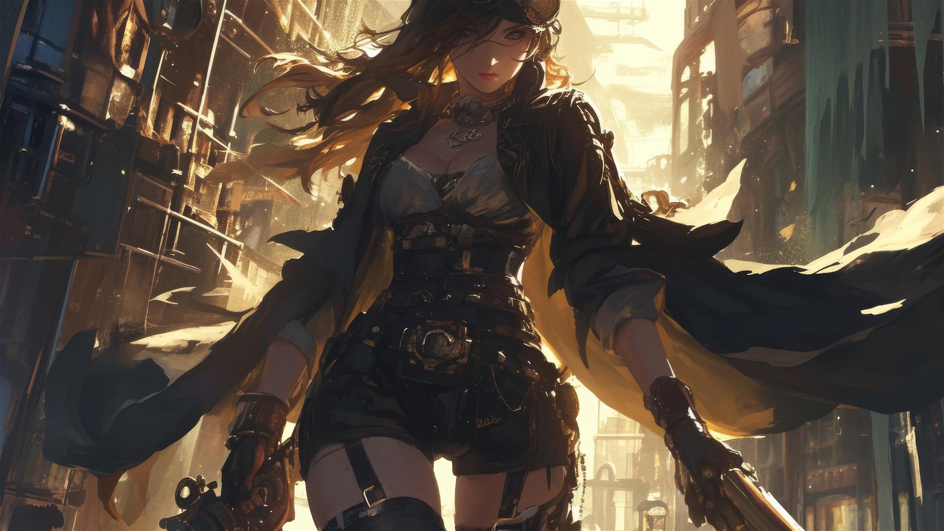 Steampunk Adventurer Girl in dynamic pose with thigh focus on dark background