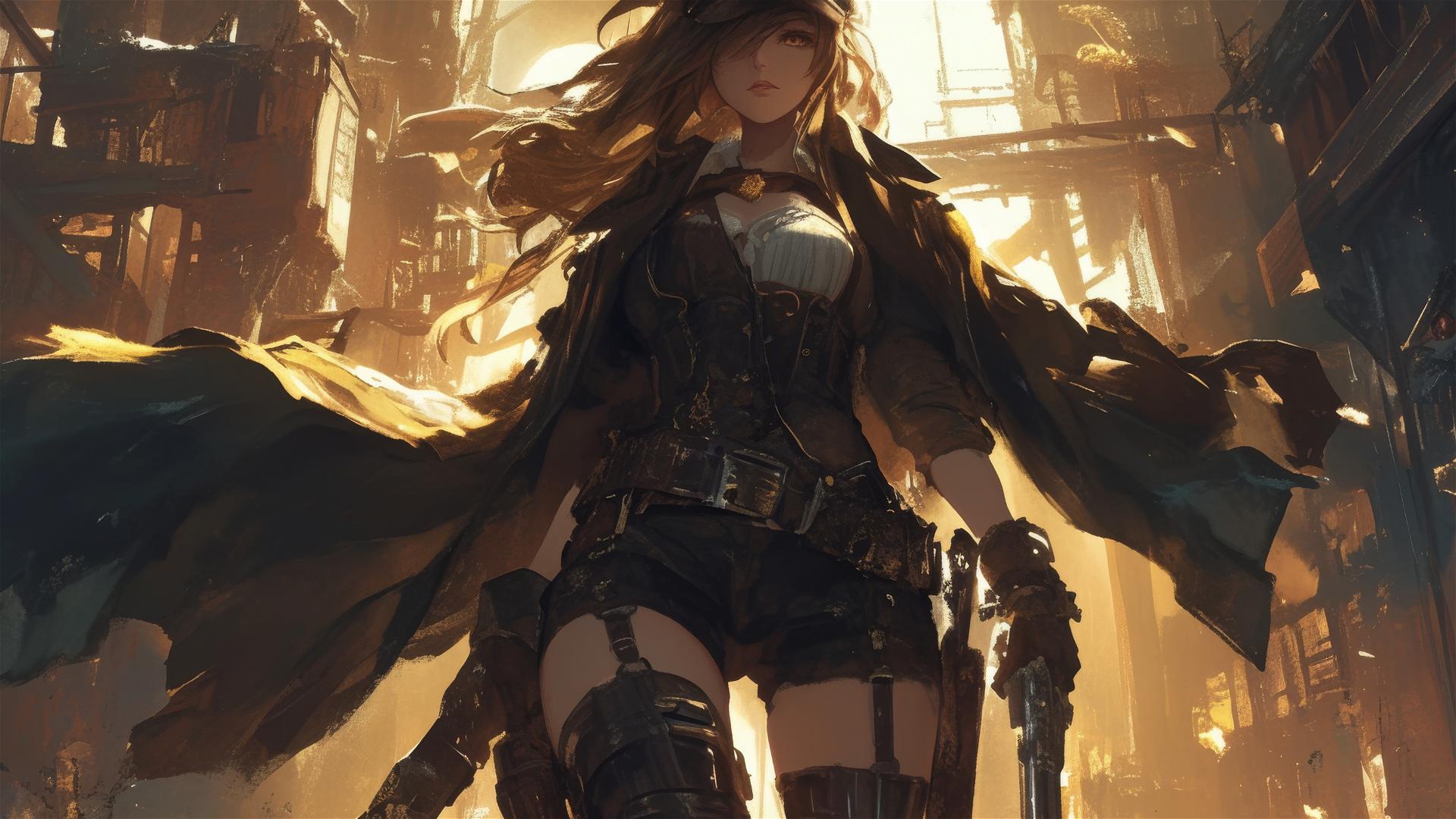 Steampunk Adventurer Girl in dynamic pose with thigh focus on dark background