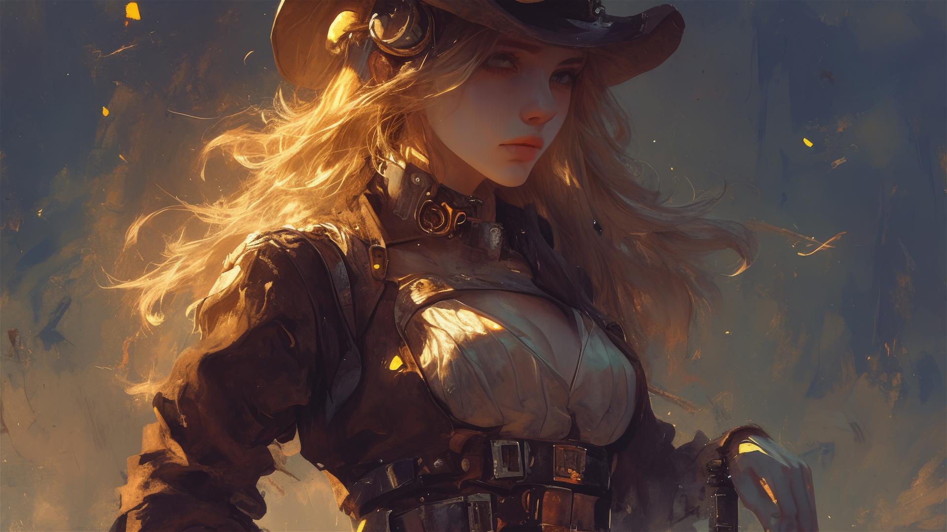 Steampunk girl in dynamic pose with thigh focus on dark background